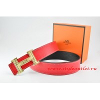 Hermes Red/Black Leather Men Reversible Belt 18k Gold Geometric Stripe H Buckle