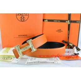 Hermes Orange/Black Leather Men Reversible Belt 18k Gold Geometric Stripe H Buckle