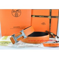 Hermes Orange/Black Leather Men Reversible Belt 18k Silver Geometric Stripe H Buckle