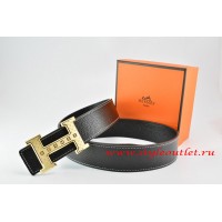 Hermes Black/Black Leather Men Reversible Belt 18k Orange Gold Weave Stripe H Buckle