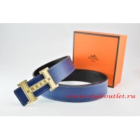 Hermes Dark Blue/Black Leather Men Reversible Belt 18k Gold Weave Stripe H Buckle