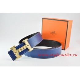 Hermes Dark Blue/Black Leather Men Reversible Belt 18k Gold Weave Stripe H Buckle