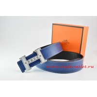 Hermes Dark Blue/Black Leather Men Reversible Belt 18k Silver Weave Stripe H Buckle
