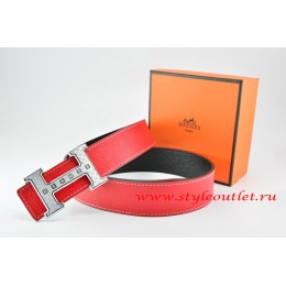 Hermes Red/Black Leather Men Reversible Belt 18k Silver Weave Stripe H Buckle