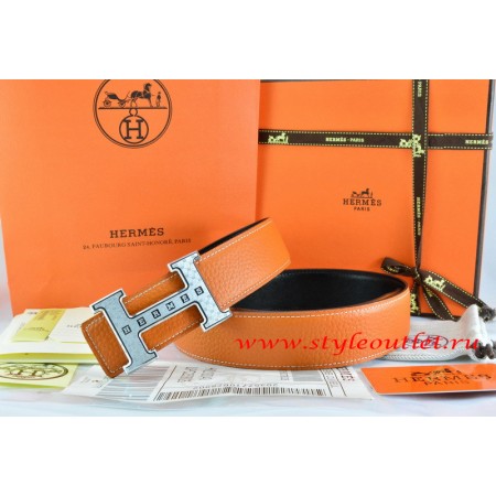 Hermes Orange/Black Leather Men Reversible Belt 18k Silver Weave Stripe H Buckle