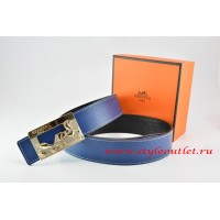 Hermes Dark Blue/Black Leather Men Reversible Belt 18k Gold Coach H Buckle