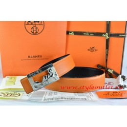 Hermes Orange/Black Leather Men Reversible Belt 18k Silver Coach H Buckle