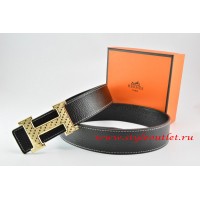 Hermes Black/Black Leather Men Reversible Belt 18k Orange Gold Speckle H Buckle