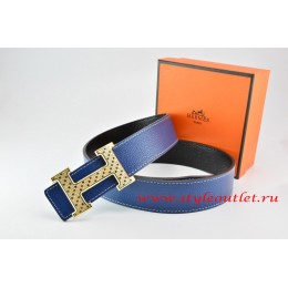 Hermes Dark Blue/Black Leather Men Reversible Belt 18k Gold Speckle H Buckle