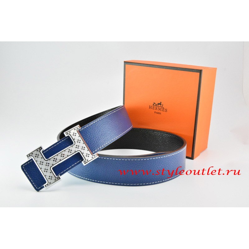 Hermes Dark Blue/Black Leather Men Reversible Belt 18k Silver Speckle H Buckle ,Discount