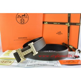 Hermes Brown/Black Leather Men Reversible Belt 18k Gold Speckle H Buckle