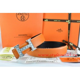 Hermes Orange/Black Leather Men Reversible Belt 18k Silver Speckle H Buckle