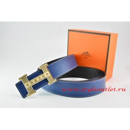 Hermes Dark Blue/Black Leather Men Reversible Belt 18k Gold Stripes Logo H Buckle