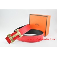 Hermes Red/Black Leather Men Reversible Belt 18k Gold Stripes Logo H Buckle
