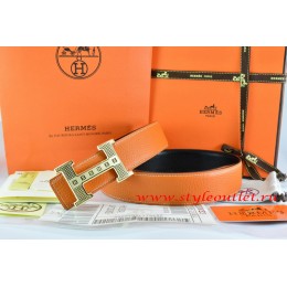 Hermes Orange/Black Leather Men Reversible Belt 18k Gold Stripes Logo H Buckle