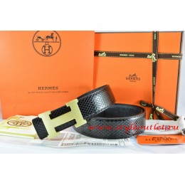 Hermes Black/Black Snake Stripe Leather Reversible Belt 18K Gold H Buckle