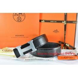 Hermes Black/Black Snake Stripe Leather Reversible Belt 18K Silver H Buckle