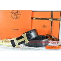 Hermes Black/Black Snake Stripe Leather Reversible Belt 18K Drawbench Gold H Buckle