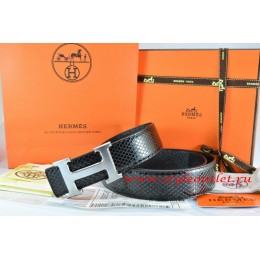Hermes Black/Black Snake Stripe Leather Reversible Belt 18K Drawbench Silver H Buckle
