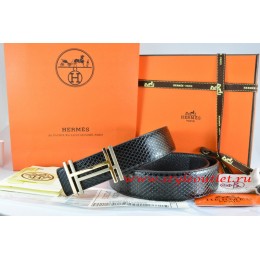Hermes Black/Black Snake Stripe Leather Reversible Belt 18K Gold H au Carre Buckle