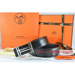 Hermes Black/Black Snake Stripe Leather Reversible Belt 18K Silver H au Carre Buckle