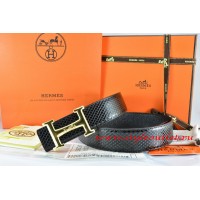 Hermes Black/Black Snake Stripe Leather Reversible Belt 18K Gold Idem With Logo Buckle