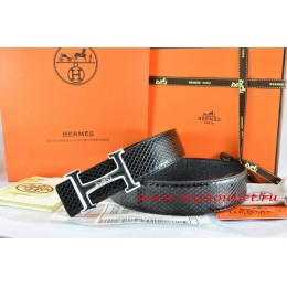 Hermes Black/Black Snake Stripe Leather Reversible Belt 18K Silver Idem With Logo Buckle