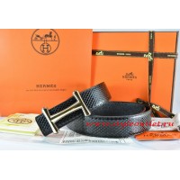 Hermes Black/Black Snake Stripe Leather Reversible Belt 18K Gold Idem Buckle