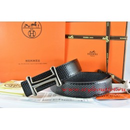 Hermes Black/Black Snake Stripe Leather Reversible Belt 18K Black Gold Idem Buckle