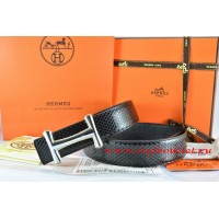 Hermes Black/Black Snake Stripe Leather Reversible Belt 18K Silver Idem Buckle