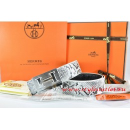 Hermes White/Black Snake Stripe Leather Reversible Belt 18K Silver Big H Buckle