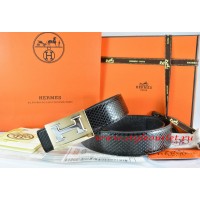 Hermes Black/Black Snake Stripe Leather Reversible Belt 18K Gold Big H Buckle