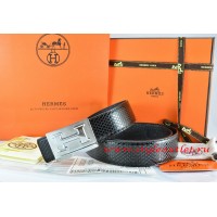 Hermes Black/Black Snake Stripe Leather Reversible Belt 18K Silver Big H Buckle