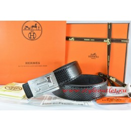 Hermes Black/Black Snake Stripe Leather Reversible Belt 18K Silver Big H Buckle
