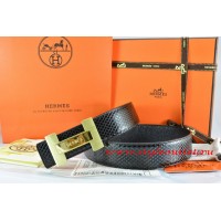 Hermes Black/Black Snake Stripe Leather Reversible Belt 18K Gold H Logo Buckle