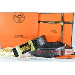 Hermes Black/Black Snake Stripe Leather Reversible Belt 18K Gold H Logo Buckle