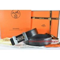 Hermes Black/Black Snake Stripe Leather Reversible Belt 18K Silver H Logo Buckle