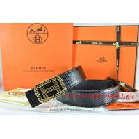 Hermes Black/Black Snake Stripe Leather Reversible Belt 18K Gold Lace Strip H Buckle