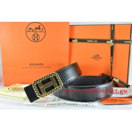 Hermes Black/Black Snake Stripe Leather Reversible Belt 18K Gold Lace Strip H Buckle