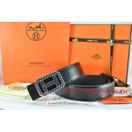 Hermes Black/Black Snake Stripe Leather Reversible Belt 18K Silver Lace Strip H Buckle