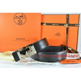 Hermes Black/Black Snake Stripe Leather Reversible Belt 18K Gold Coach Buckle