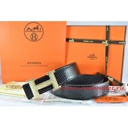 Hermes Black/Black Snake Stripe Leather Reversible Belt 18K Gold Plates Strip H Buckle