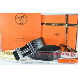 Hermes Black/Black Snake Stripe Leather Reversible Belt 18K Silver Plates Strip H Buckle