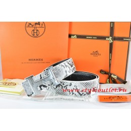 Hermes White/Black Snake Stripe Leather Reversible Belt 18K Silver Geometric Stripe H Buckle
