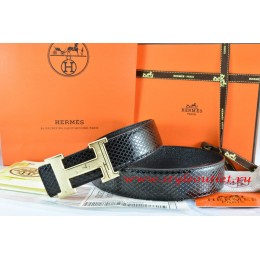 Hermes Black/Black Snake Stripe Leather Reversible Belt 18K Gold Geometric Stripe H Buckle