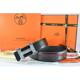 Hermes Black/Black Snake Stripe Leather Reversible Belt 18K Silver Geometric Stripe H Buckle