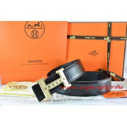 Hermes Black/Black Snake Stripe Leather Reversible Belt 18K Gold Weave Stripe H Buckle