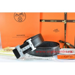 Hermes Black/Black Snake Stripe Leather Reversible Belt 18K Silver Weave Stripe H Buckle