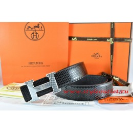 Hermes Black/Black Snake Stripe Leather Reversible Belt 18K Silver Wave Stripe H Buckle