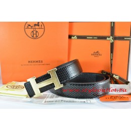 Hermes Black/Black Snake Stripe Leather Reversible Belt 18K Gold Brushed Prints H Buckle